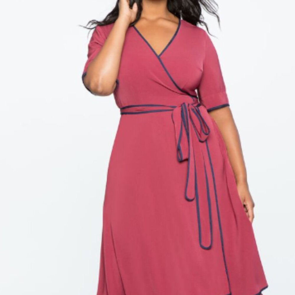 Eloquii Rose Wrap Dress with Navy Trim